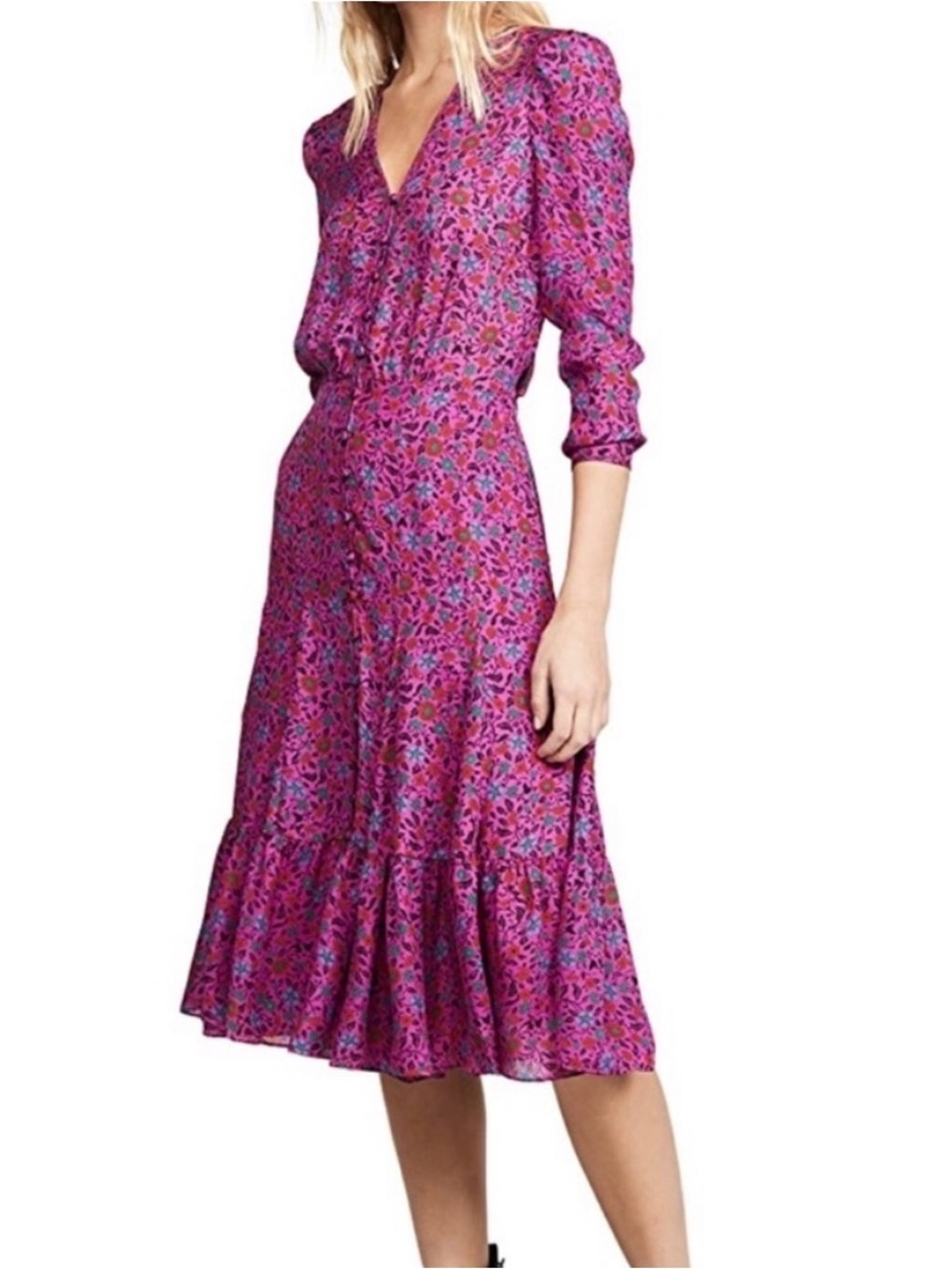 Veronica Beard Lasanna Silk Magenta Floral Midi Dress with Buttons